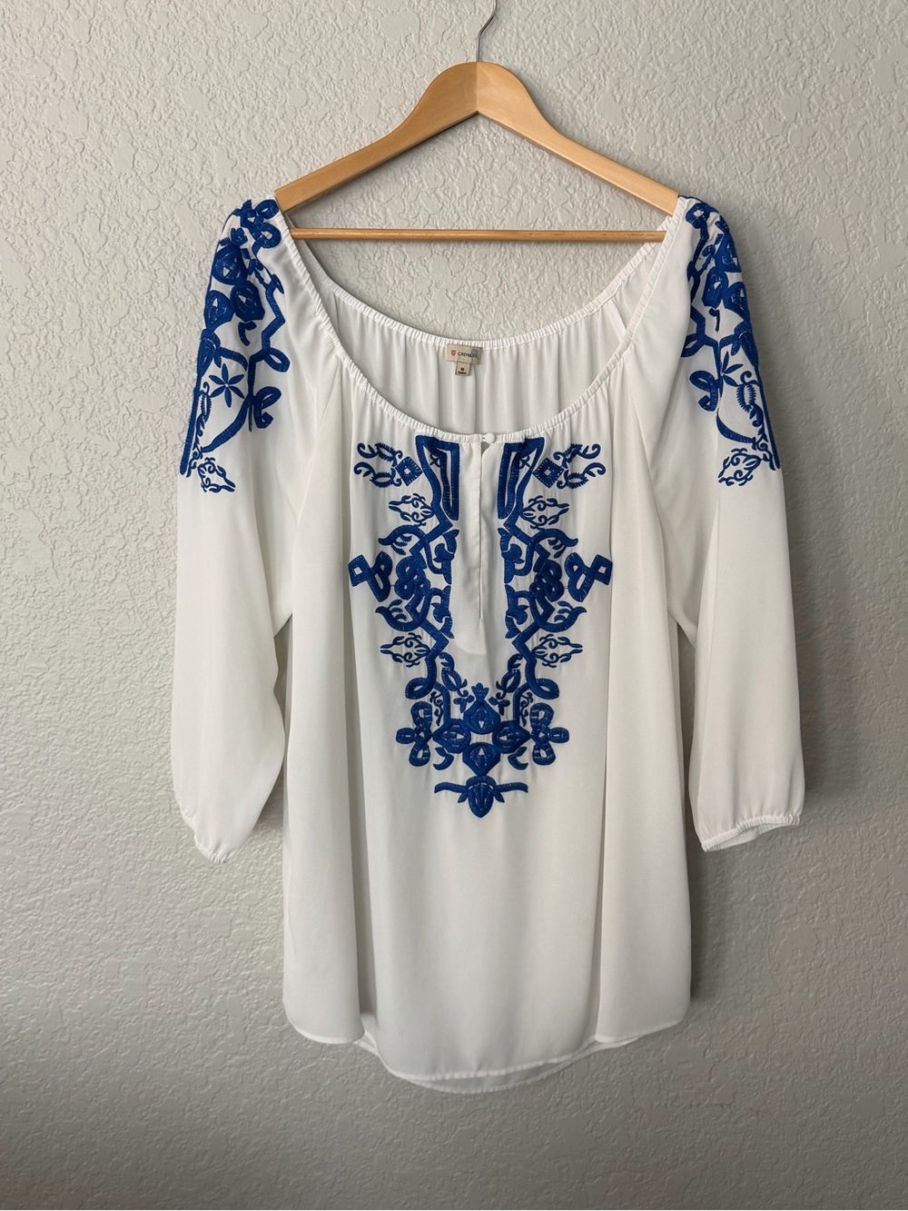 Daniel Cremieux White Tunic Shirt with Blue Embroidery oversized fit size M